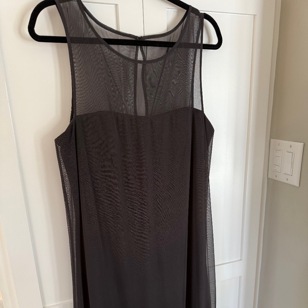 WOMENS NAVY BLUE COCKTAIL DRESS WITH SHEER MESH TOP & TRIMMED W/ SEQUINS SIZE 14